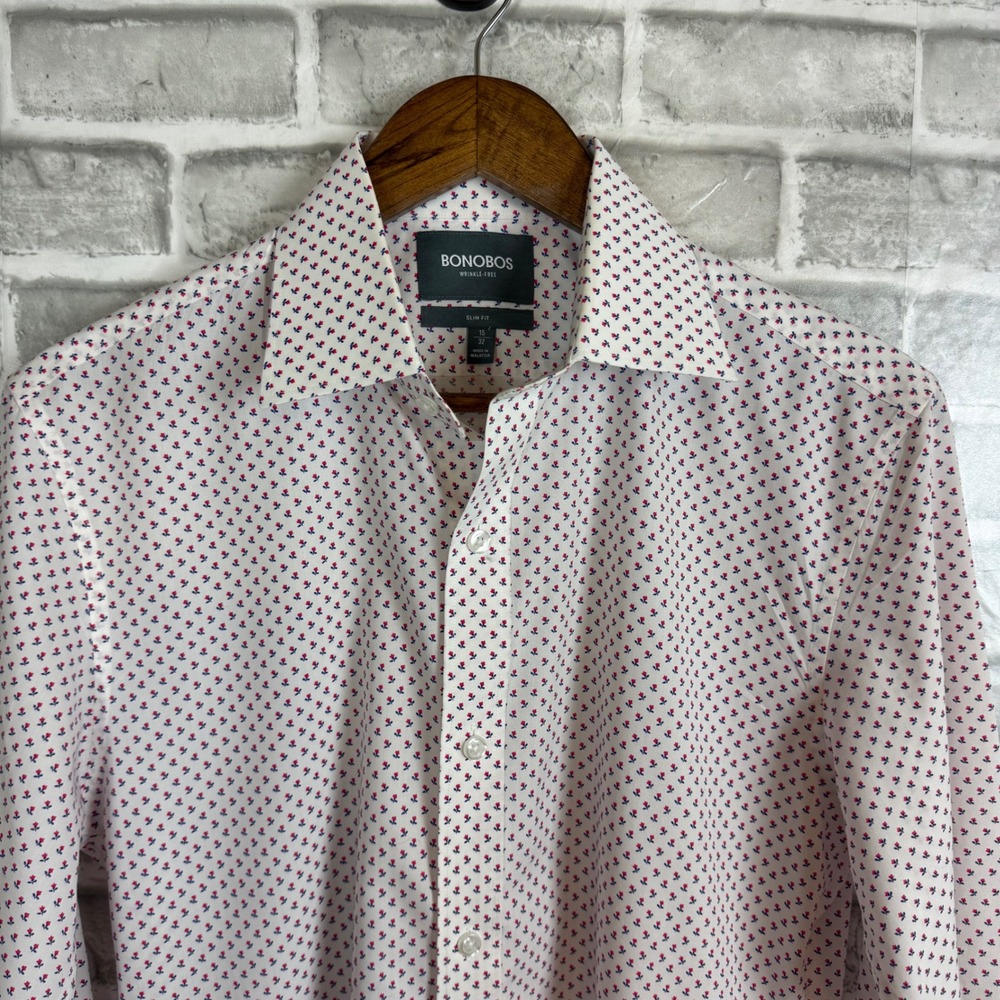 Bonobos Slim Fit Wrinkle Free Dress Shirt Mens 15 / 32 White Red Floral Print